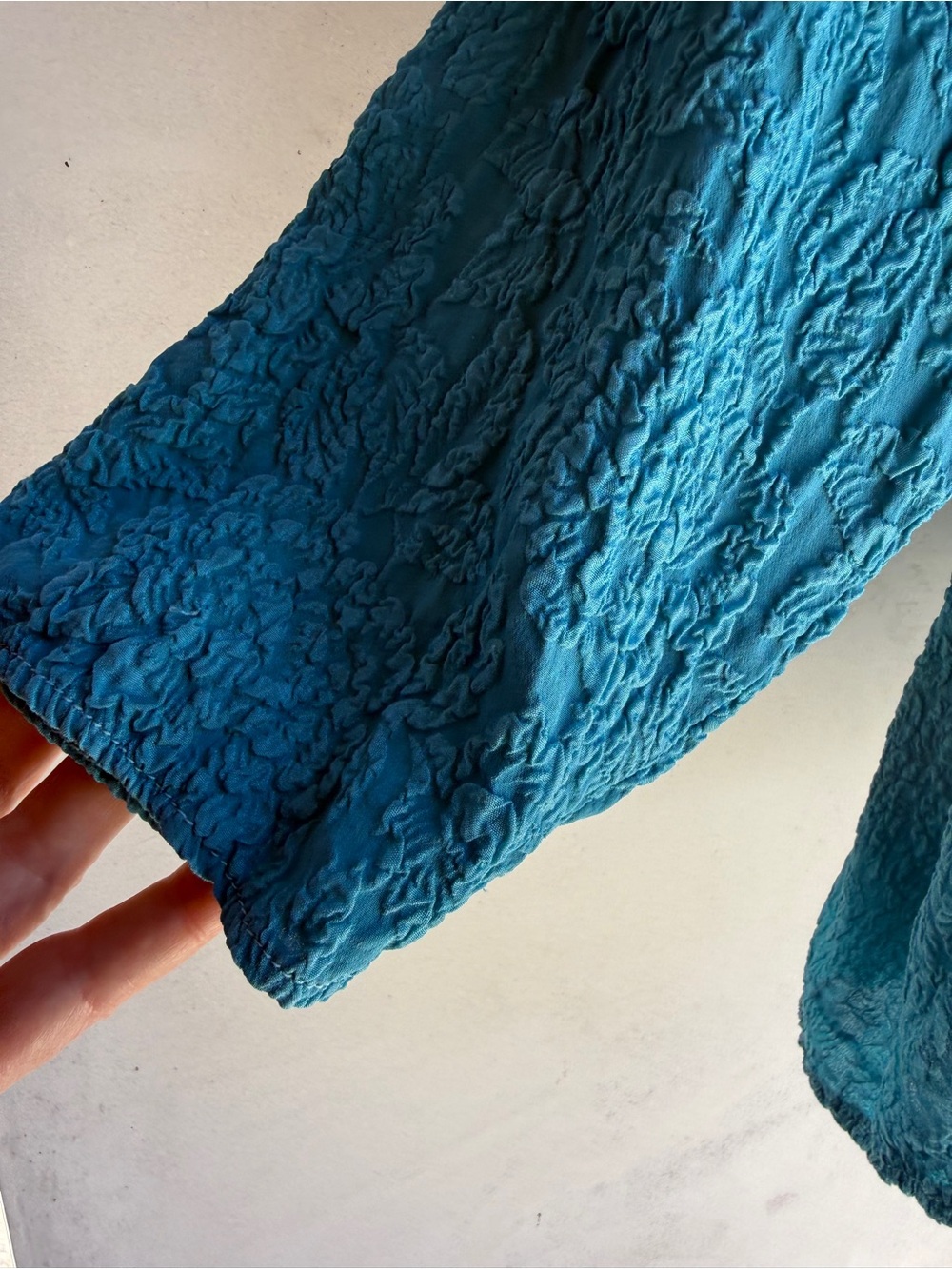 URU Silk Jacket Top kimono cardigan washable Long Sleeve vintage Teal Blue  XL - Picture 9 of 14